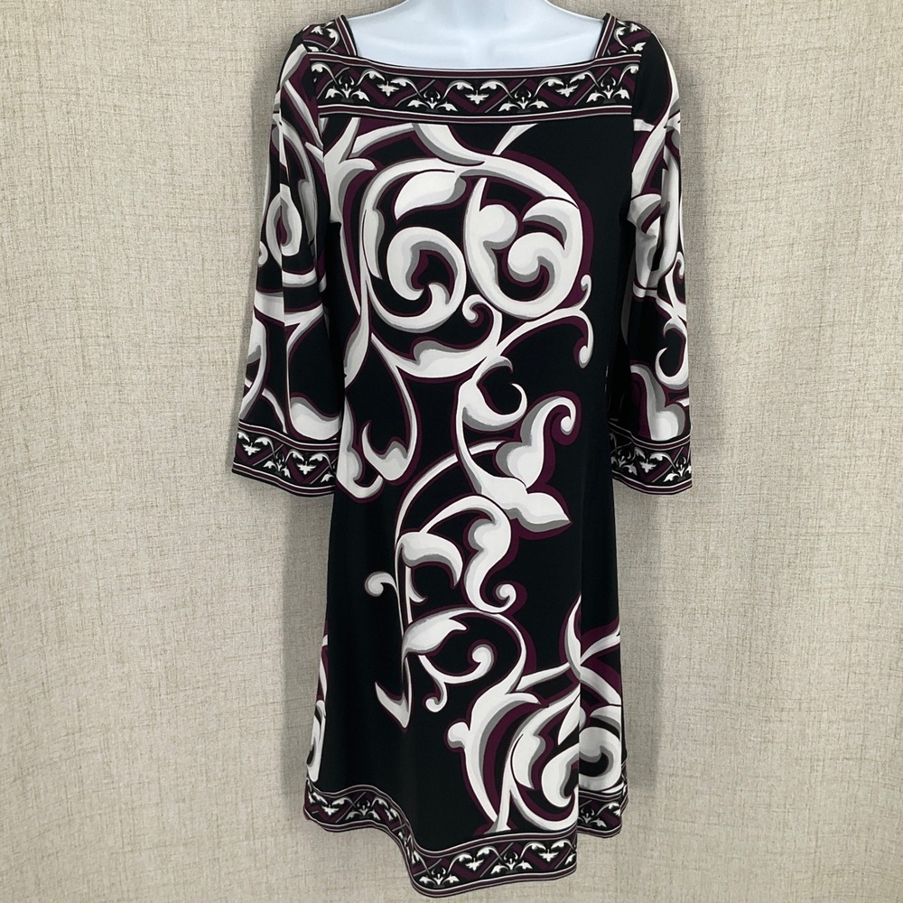 WHBM Sheath Dress Womens XS Black Purple Scroll Print Stretch Retro Office